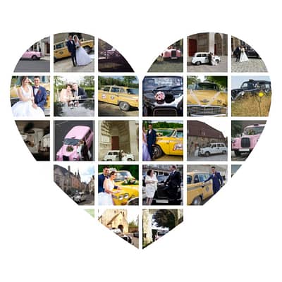 taxis anglais noirs, blanc et rose, et taxis new-yorkais jaune checker marathon et crown victoria, voitures de mariage avec chauffeur, 24 miniatures formant une multiphoto sous forme de coeur
